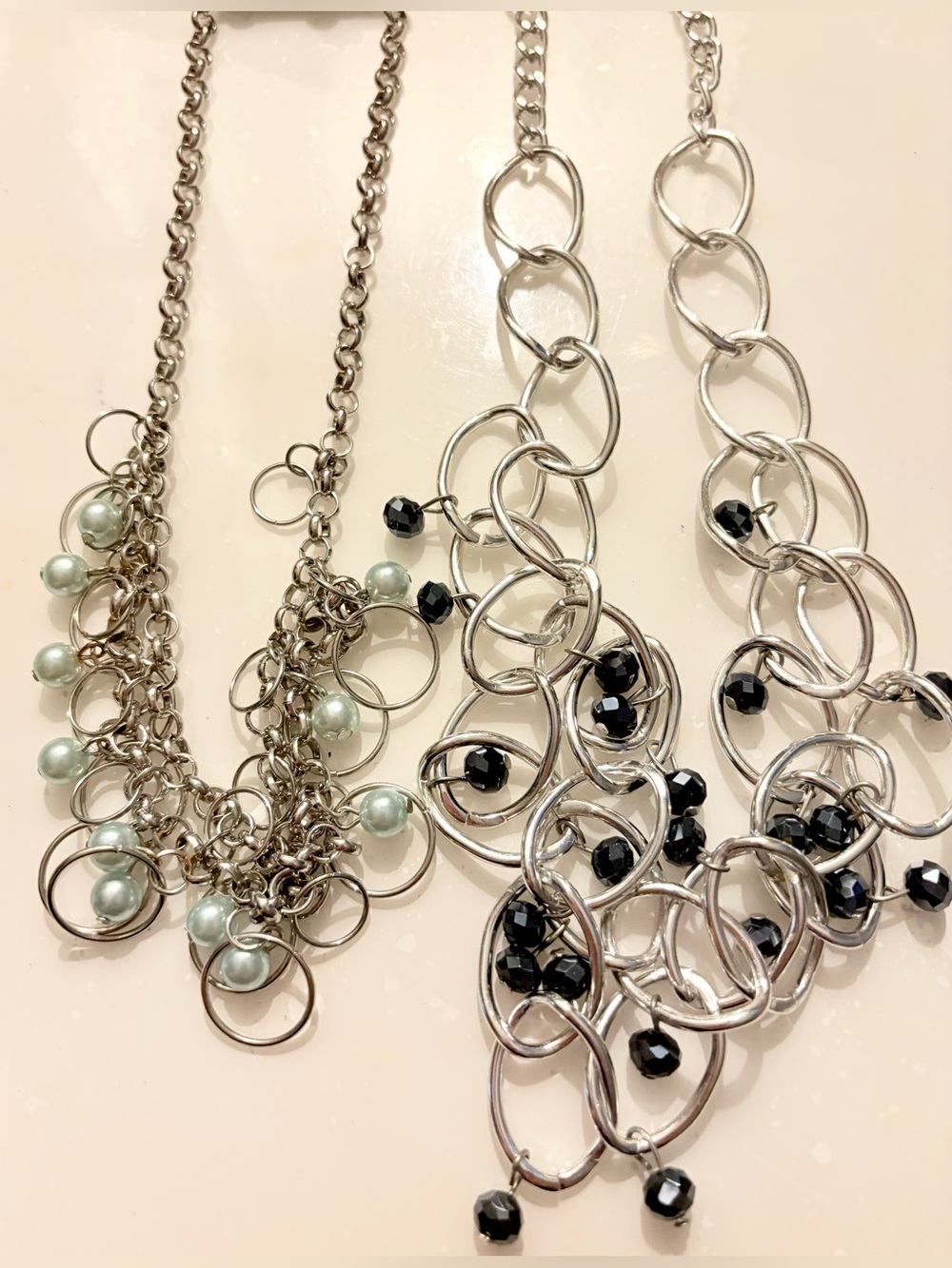 paparazzi Silver-Link Necklace Set of 2 with Black & Pale Green Beads & Earrings